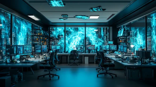 Cybersecurity Control Room with Blue Illumination