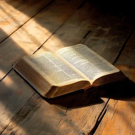 Sunlit Open Book on Rustic Wood