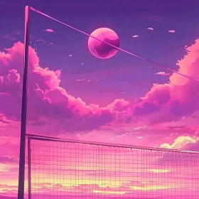 Evening Volleyball Scene with Pink Sky