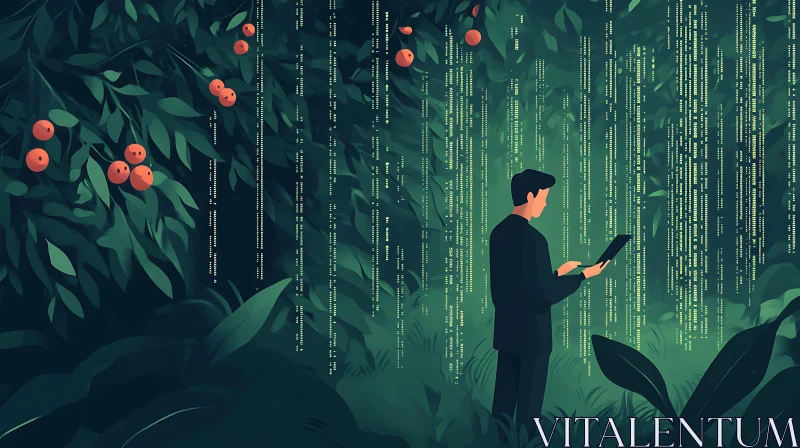 Digital Forest: Man with Tablet Amidst Data AI Image