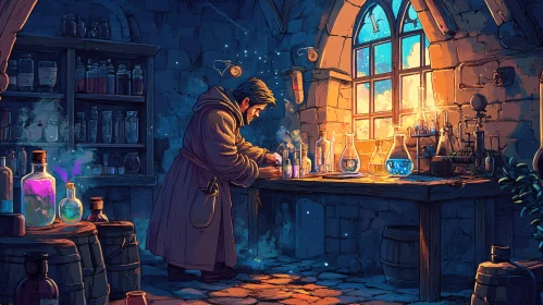 Alchemist at Work in Stone Chamber