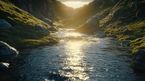 Golden Sunlight on a Serene Mountain Stream