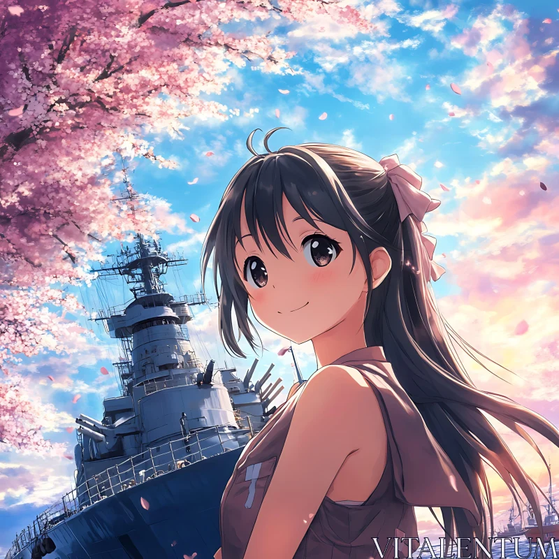 Serene Anime Scene with Blossoms and Ship
