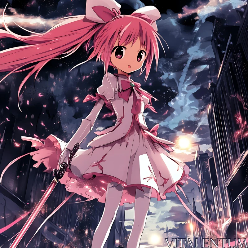 Pink-Haired Anime Girl with Sword at Night