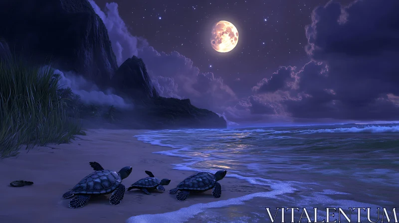 Moonlit Turtle Trek: A Nighttime Beach Scene