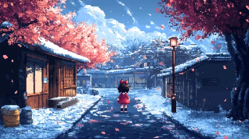 Pixel Art Anime Girl in Winter Village
