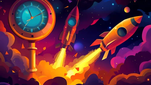 Whimsical Rockets Launching into Space