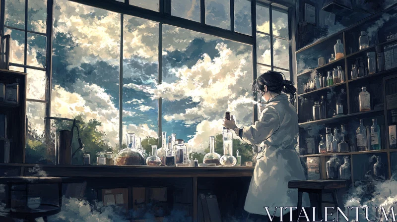 Laboratory Scene with Scientist and Cloudy Sky
