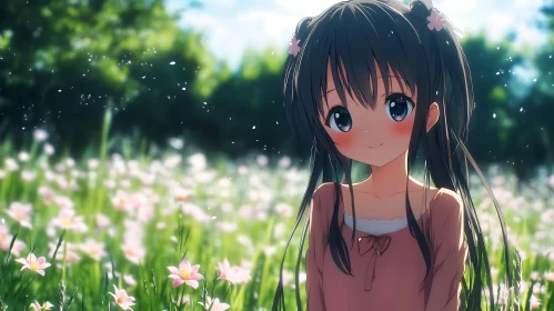 Anime Girl in Blooming Field