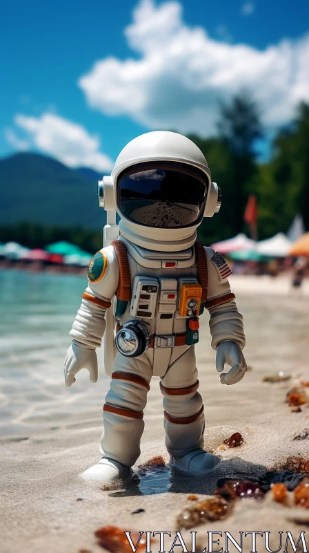 Travel Photography: Toy Astronaut at the Beach AI Image