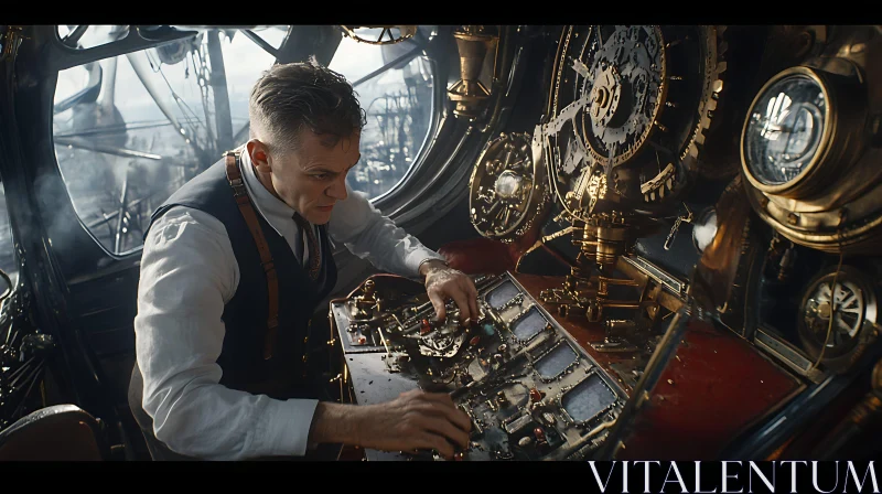 Man operating steampunk machine AI Image