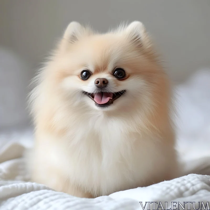 Adorable Cream-Colored Pomeranian on Blanket AI Image