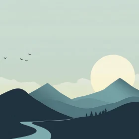 Minimalist Mountain Landscape with River