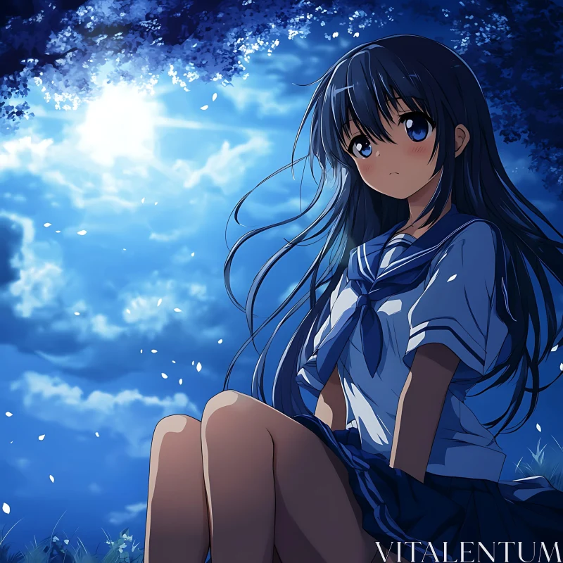 Reflective Anime Girl in Tranquil Night Scene AI Image