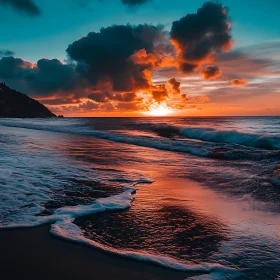 Coastal Sunset with Clouds and Waves