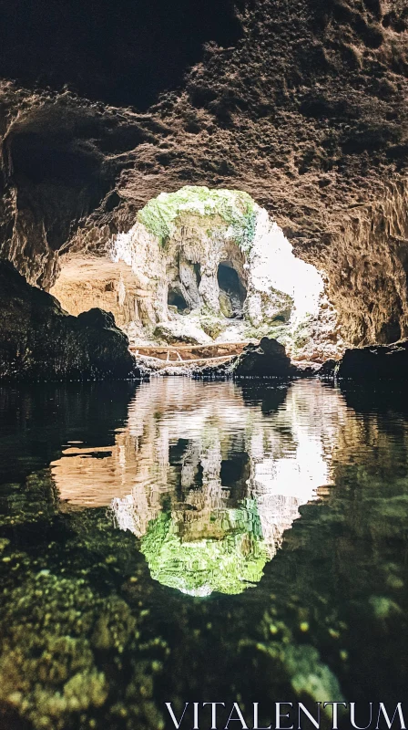 AI ART Cave with Illuminated Archway and Reflection