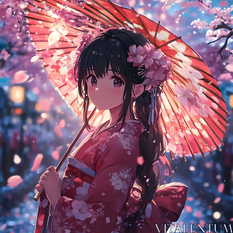 Anime Girl in Traditional Attire under Blossoming Cherry Tree AI Image