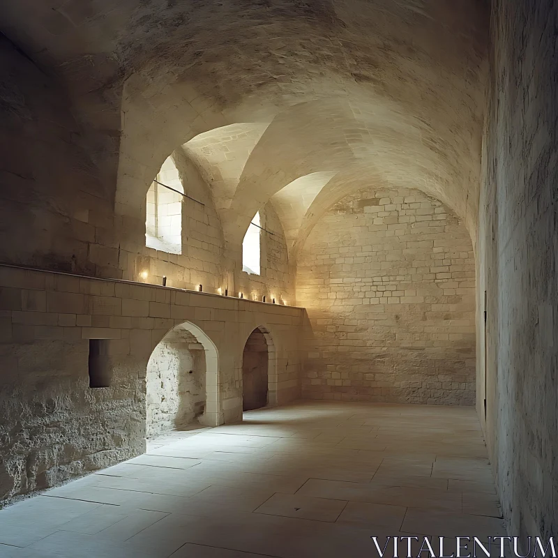 Medieval Stone Hall with Warm Candle Light AI Image