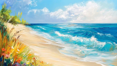 Coastal Scene with Flowers and Gentle Waves