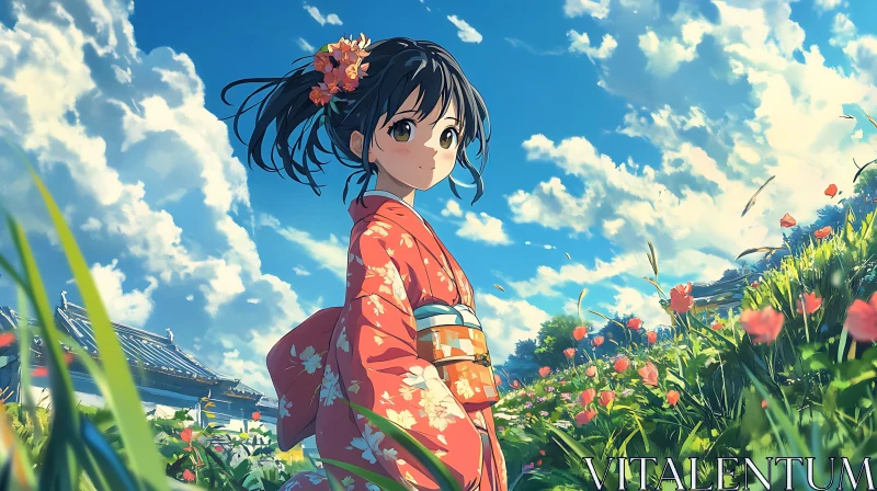 Young Girl in Kimono in a Flower-Filled Meadow AI Image