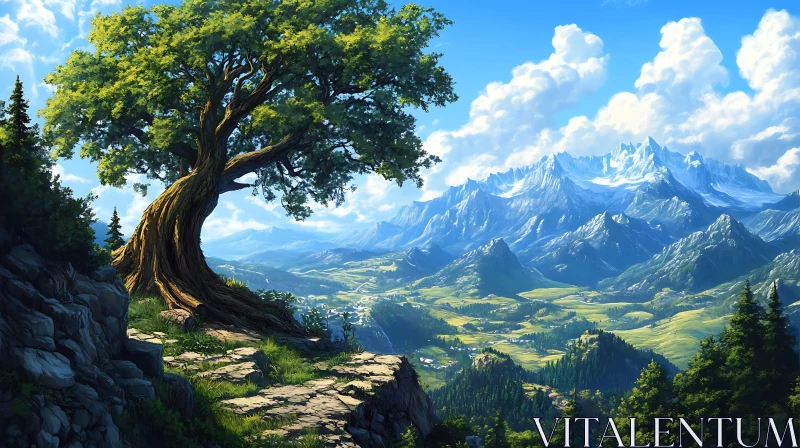 Mountain Landscape with Solitary Tree AI Image