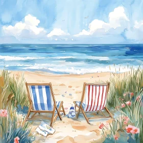 Watercolor Beach with Deck Chairs