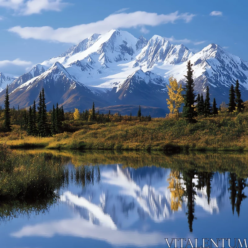 Snowy Mountain Reflected in Lake AI Image