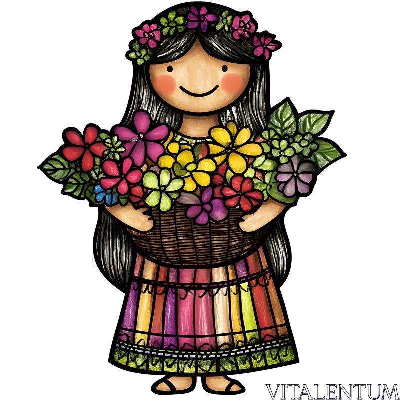 AI ART Floral Girl with Basket of Flowers