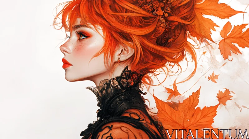 AI ART Elegant Profile of a Red-Haired Woman with Lace and Leaves