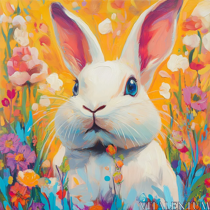 Bunny Portrait Among Colorful Blossoms AI Image