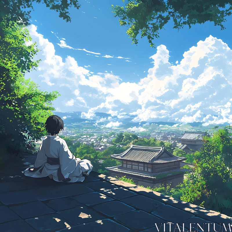 Tranquil Anime Landscape with Person Overlooking Temple AI Image