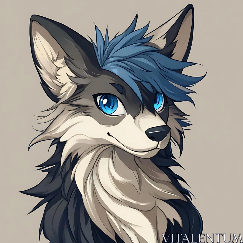 AI ART Cartoon Wolf with Blue Hair