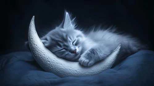 Cute Gray Kitten on Crescent Moon