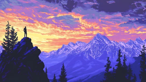 Silhouette on Mountain at Sunset