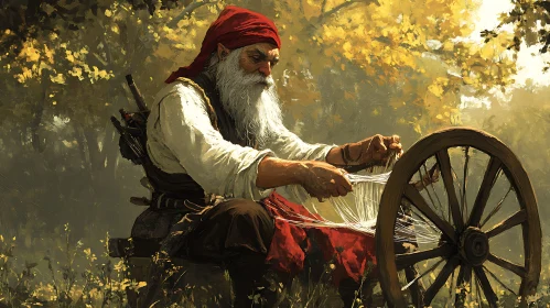 Elderly Man with Spinning Wheel Art