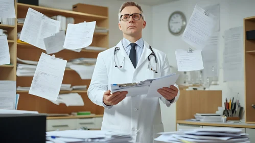 Stressed Physician in Paper Storm