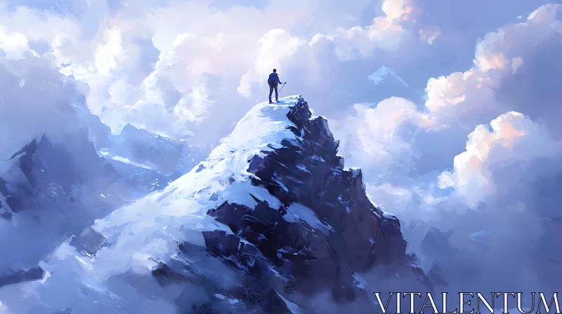 Lone Hiker on Snowy Mountain Top AI Image