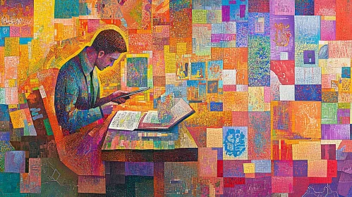 Man Reading in Abstract Mosaic