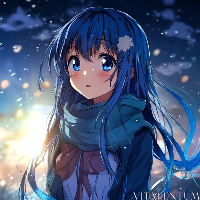 Enchanting Anime Girl with Blue Hair and Snowfall AI Image