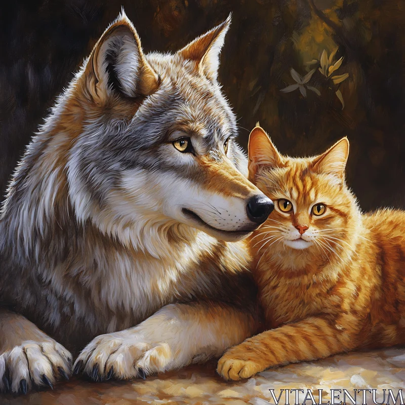 Unlikely Friends: Wolf and Cat AI Image