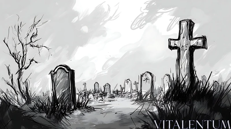 Monochrome Sketch of a Graveyard AI Image