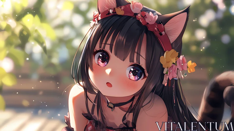 Cute Anime Catgirl with Flower Headband AI Image