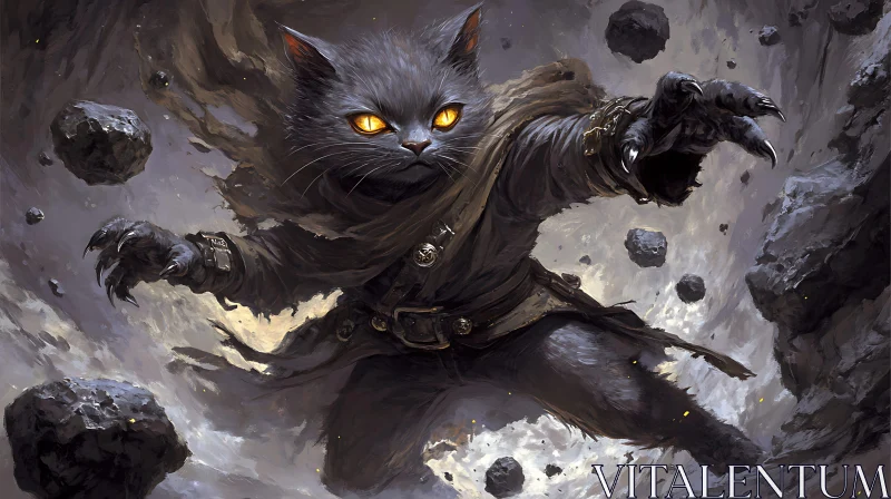 Feline Warrior Amidst Floating Rocks AI Image