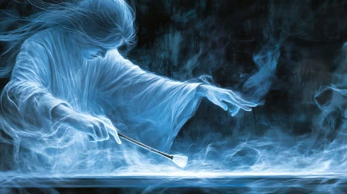 Blue Ghostly Figure Painting Serene Light