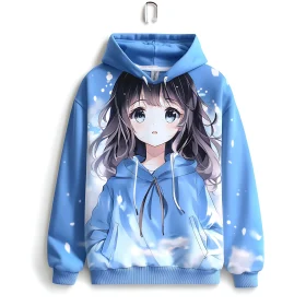 Anime-Themed Blue Hoodie with Snowflake Patterns