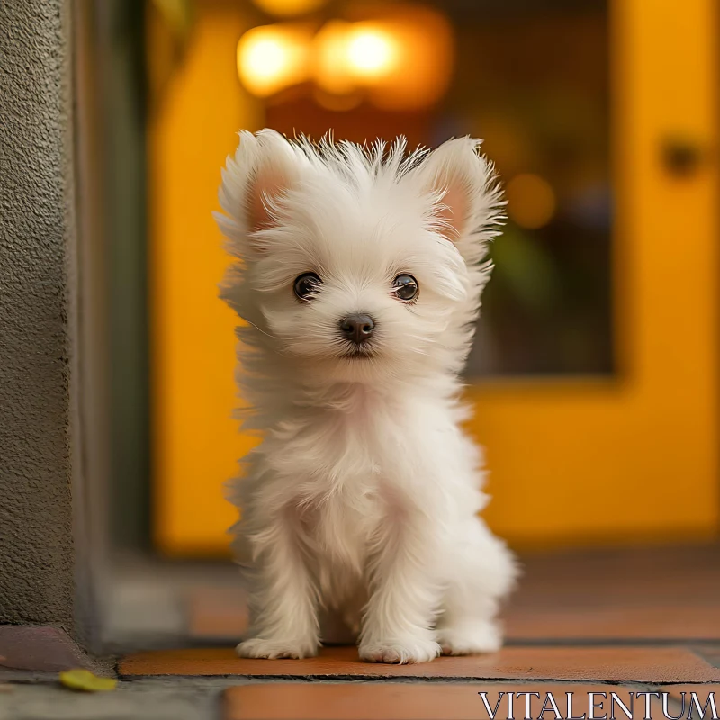 Cute White Puppy with Big Eyes on a Tiled Floor AI Image