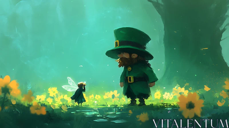 AI ART Leprechaun and Fairy in Floral Meadow