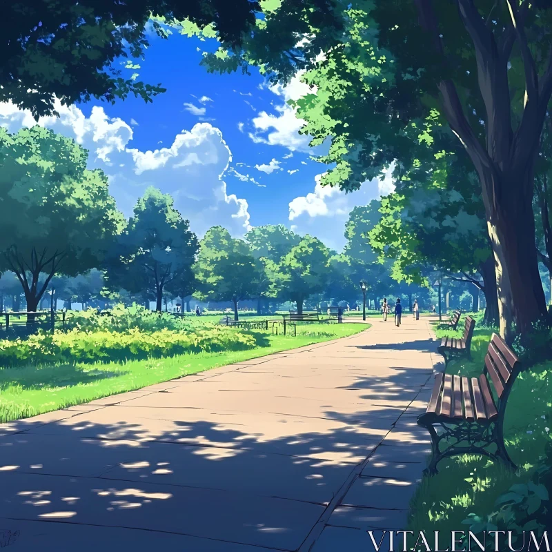 AI ART Peaceful Park Path with Benches and Tall Trees