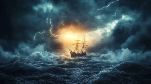 Old Ship Sailing in Stormy Weather