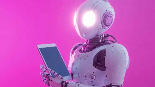 White Robot with Tablet in Pink Setting